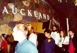 protestors outside Auckland City police station